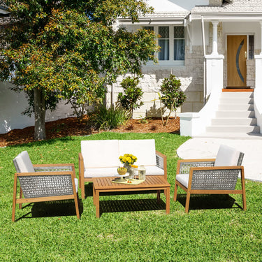 4-Piece Patio Acacia Wood Furniture Set, Outdoor PE Rattan Conversation Set with Removable Cushions