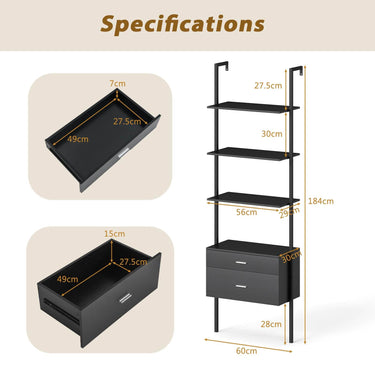 6-Tier Ladder Bookcase with 2 Drawers and Metal Frame