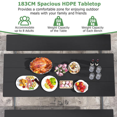 1.8m Picnic Table Bench Set, Outdoor Dining Table & 2 Benches with Metal Frame & All-Weather HDPE Tabletop - PatiojoyAU