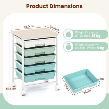 5-Drawer Rolling Cart with Wooden Tabletop and Metal Frame