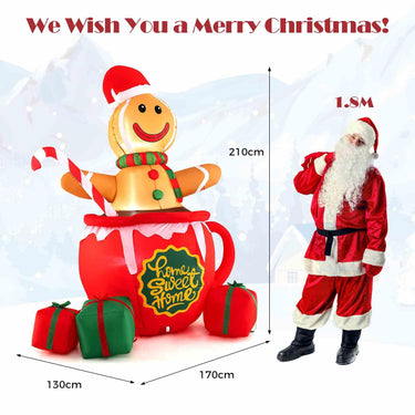 210CM Inflatable Gingerbread Man in Hot Cocoa Mug with LED Lights