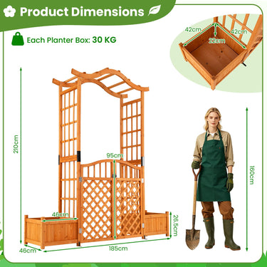 Garden Arbor with Gate and 2 Planter Boxes, 210cm Wooden Garden Arch
