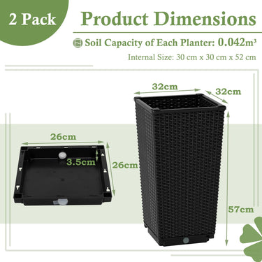 Tall Wicker Planter Box Set of 2, Square Self-Watering Planter