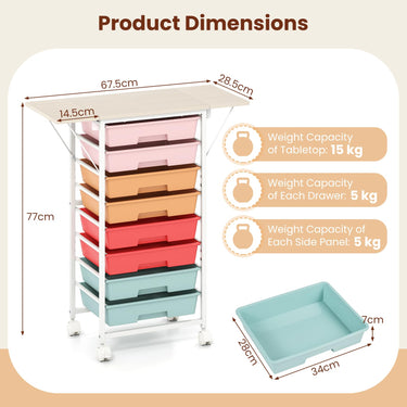 Rolling Cart with 8 Drawers and Foldable Side Panels