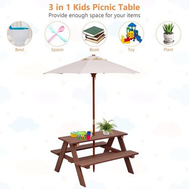 3 in 1 Kids Picnic Table with Removable Umbrella for Garden/ Yard