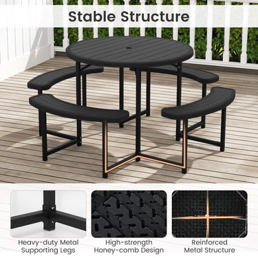 Round Picnic Table Bench Set Outdoor Circular Picnic Table with 4 Benches