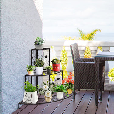 Black Floral Design Metal Step Style 3 Tier Planters Display Stand Corner Shelf Flower Pots