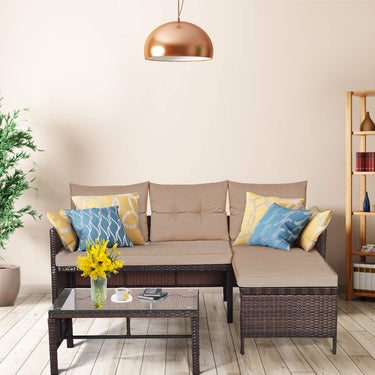 3PCS Patio Wicker Rattan Sofa Set Outdoor Sectional Conversation Set Garden Lawn