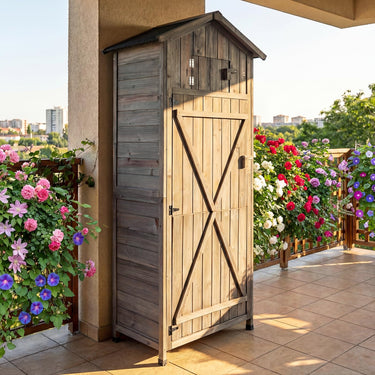 Wood Garden Storage Shed, 76 x 51.5 x 178 cm Outdoor Storage Cabinet with Lockable Barn Door