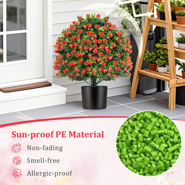 2 Pack Artificial Rose Topiary Ball Tree, Faux Shrub Bushes w/Flowers & Plastic Nursery Pot