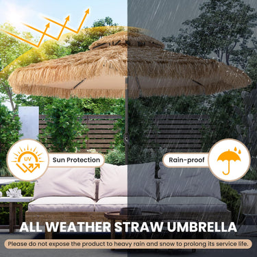 Thatched Tiki Patio Umbrella, Height Adjustable Hawaiian Style Beach Umbrella w/ 32 LED Lights - PatiojoyAU