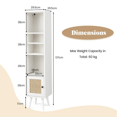 Freestanding Slim Cabinet with Rattan Door and Solid Wood Legs