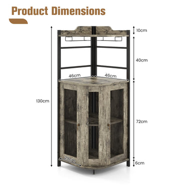 Industrial Corner Bar Cabinet with Glass Holder and Adjustable Shelf