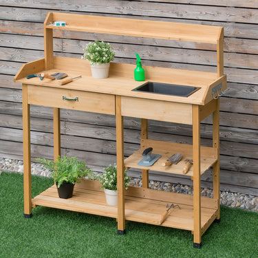 Garden Potting Bench Table, Wooden Potting Work Table w/Open Shelves, Hooks, Removable Sink & Drawer - PatiojoyAU
