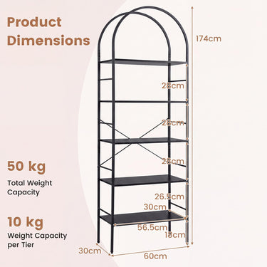 5-Tier Arched Bookcase with Open Wooden Shelves 174 cm Freestanding Bookshelf