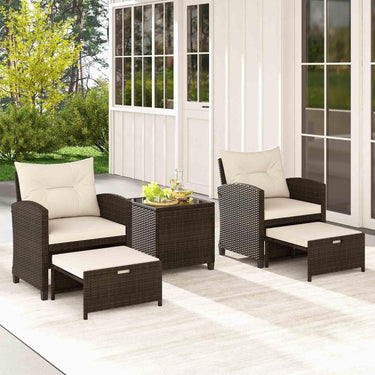 5 Piece Patio Rattan Furniture Setting with 2 Ottomans & Tempered Glass Coffee Table