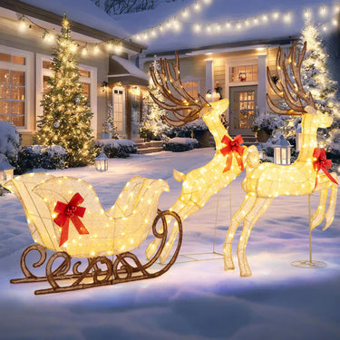 3-Piece Christmas Lighted Reindeer and Sleigh Set for Lawn