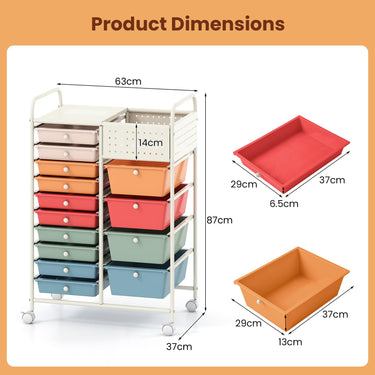 14-Drawer Rolling Cart with Pegboard 2 Locking Brakes and Metal Frame for Classroom Home Office