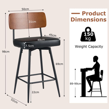 Modern Swivel Bar Stools Set of 2 with Padded Back Footrest and Metal Legs