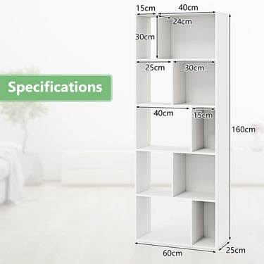 5 Tier Bookshelf with 10 Compartments and Floor Standing Room Divider