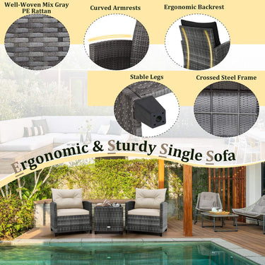 3 Piece Patio Rattan Sofa Set, Outdoor Wicker Conversation Set W/Soft Seat & Back Cushions