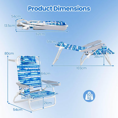 2 Pack Folding Beach Chair Adjustable with Head Pillow and Towel Bar