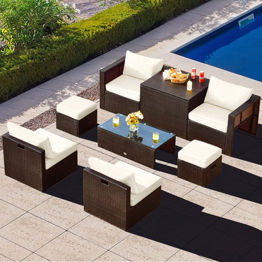 8-Piece Outdoor Patio Furniture Set, Outdoor Space-Saving PE Rattan Conversation Set with Storage Box