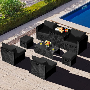 8 Piece Outdoor Patio Furniture Set, Outdoor Space-Saving PE Rattan Conversation Set with Storage Box, Tempered Glass Table