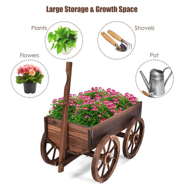 Multifunctional Flower Cart Made of Anti-Corrosion Wood, Flower Wheelbarrow w/ 4 Wheels - PatiojoyAU