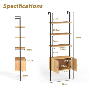 5-Tier Ladder Bookcase with Rattan Cabinet and Metal Frame