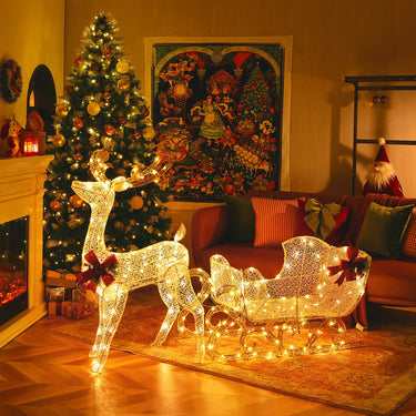 Pre-lit Christmas Reindeer and Santa’s Sleigh with 215 Bulbs