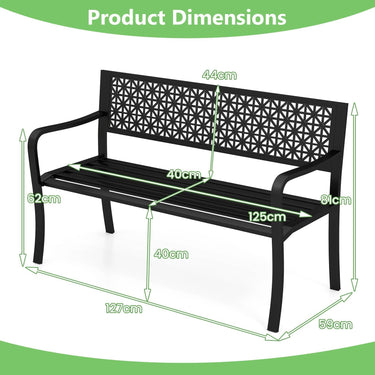2-3-Person Patio Bench Outdoor Metal Garden Bench with Patterned Backrest and Curved Armrests