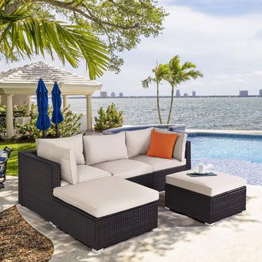 5PCS Patio Rattan Furniture Set Sectional Conversation Set Ottoman Table Beige
