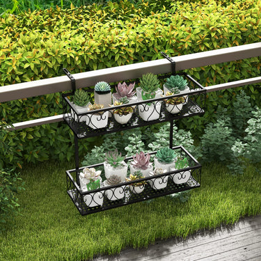 2-Tier Balcony Flowerpot Holder W/ 2 Planter Baskets, Hanging Flower Rack Railing Shelf