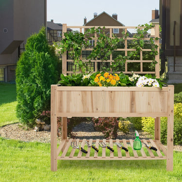 Wooden Raised Garden Bed W/Trellis, Large Plant Box, Open Storage Shelf, Liner, Elevated Plant Box Stand for Climbing Plant