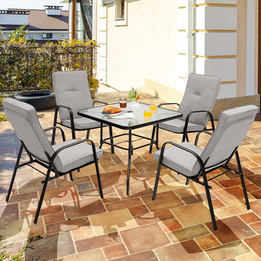 6 Pieces Patio Dining Set, Outdoor Furniture Set w/Umbrella, 87cm Square Steel Tempered Glass Table w/4.2cm Umbrella Hole