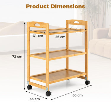 3-Tier Storage Rolling Cart, Bamboo Utility Cart