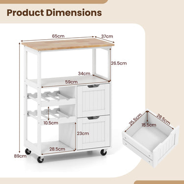 Rolling Kitchen Island Cart with Rubber Wood Top and 2-Tier Wine Rack