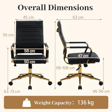 Ribbed PU Leather Office Chair with Armrests and Reclining Backrest