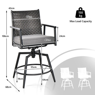360° Swivel Bar Stool Set of 2, Counter Height Bar Chair with Metal Frame - PatiojoyAU
