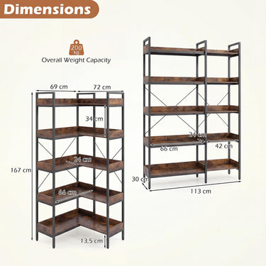 5-Tier Corner Bookshelf Convertible L-shaped Bookcase with Heavy-duty Metal Frame