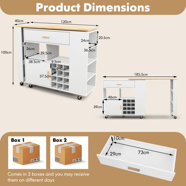 2-in-1 Reversible Mobile Kitchen Island with Rubber Wood Top and Adjustable Shelf for Dinning Room