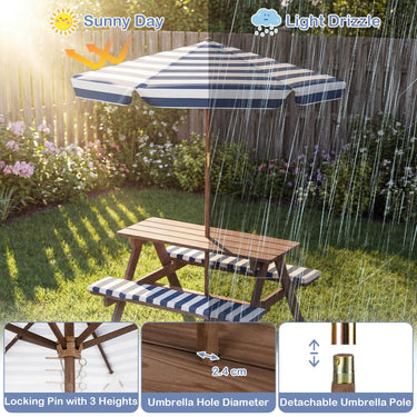 Fir Wood Toddler Outdoor Table Set w/2 Built-in Benches, Soft Seat Cushions, Removable & Adjustable Umbrella