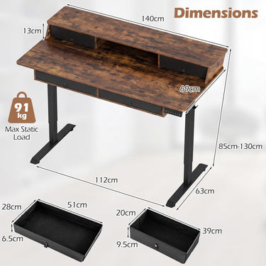 Electric Standing Desk 140cm w/Monitor Stand&Drawers