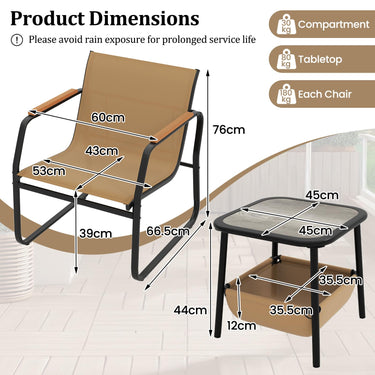 3-Piece Bistro Set, Patio Chairs & Side Table w/Storage Basket, Breathable Mesh Fabric