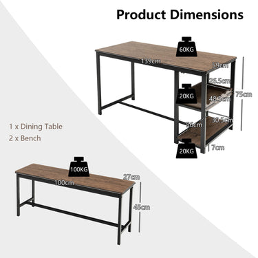 4-Person 3 Pieces Dining Table Set with 2 Benches and Wine Rack