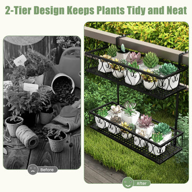 2-Tier Balcony Flowerpot Holder W/ 2 Planter Baskets, Hanging Flower Rack Railing Shelf