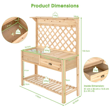 Wood Raised Garden Bed with Trellis, 57 cm x 38 cm x 17 cm Freestanding Elevated Planter Box with Open Storage Shelf and Drawer - PatiojoyAU