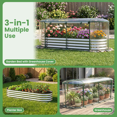 Galvanized Raised Garden Bed with Greenhouse Cover, Outdoor Planter Box with Roll-up Window