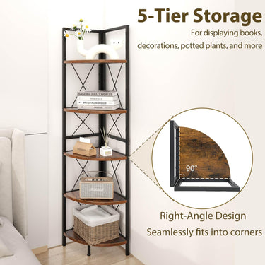 5-Tier Corner Bookshelf Stand with Metal Frame